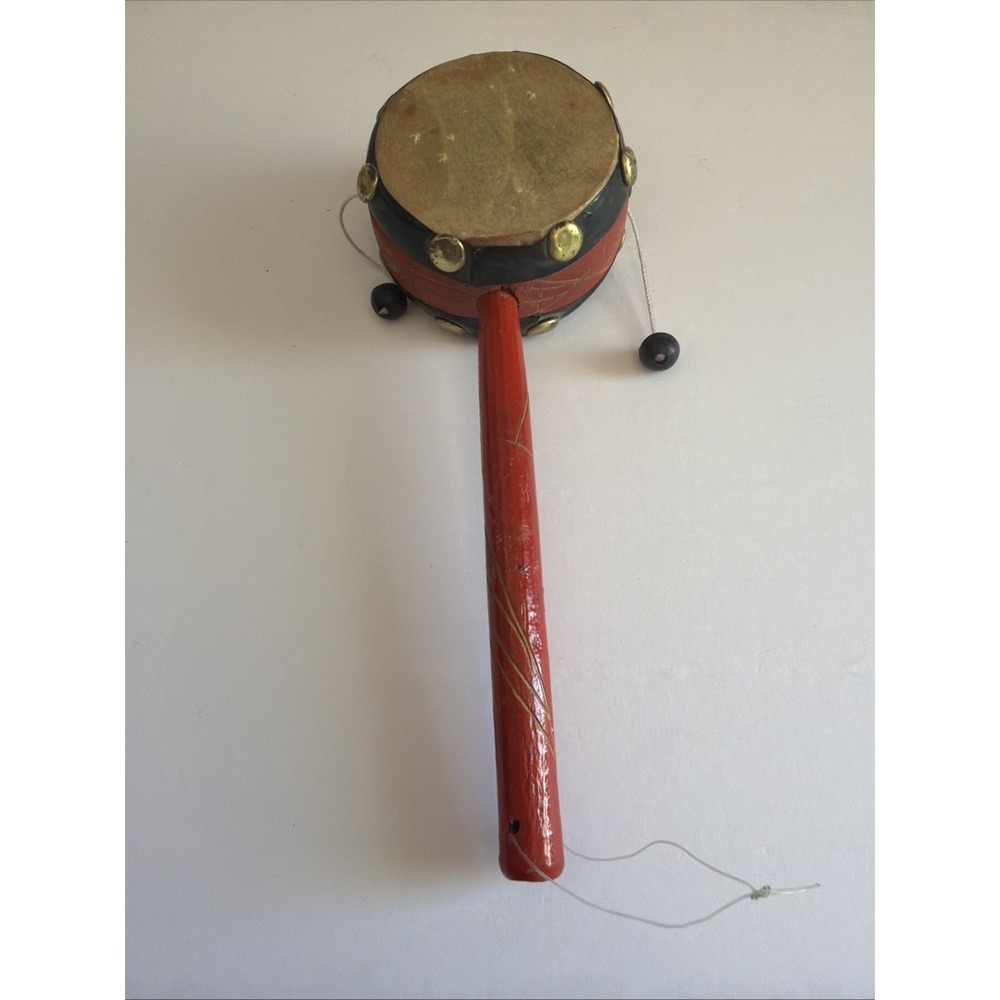 A Traditional Japanese Den-den Daiko Pellet Drum with A Red Handle From Japan